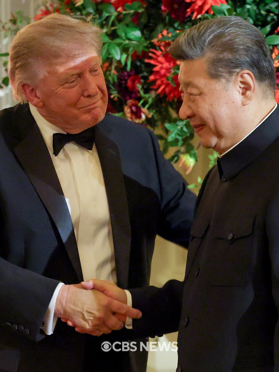 CBSNews's tweet photo. President Trump is hosting Chinese President Xi Jinping for a state dinner, marking Xi's first White House visit in over a decade.

During the dinner attended by scores of business and tech titans, Trump called Xi and his wife "truly outstanding, amazing people," and said the U.S. and China should "continue to build a relationship that promotes prosperity and security."