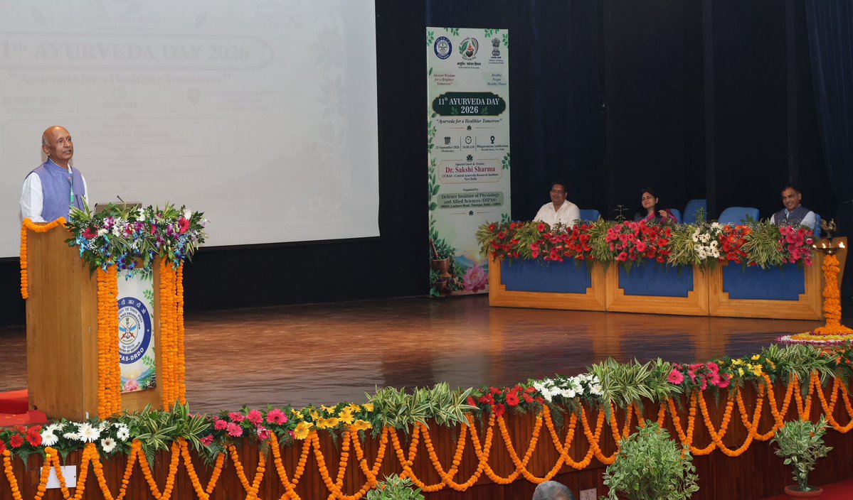 DRDO_India's tweet photo. Celebrating #AyurvedaDay a special program was organised by DIPAS, DRDO at Metcalfe House, New Delhi on the theme “Ayurveda for a Healthier Tomorrow”, highlighting the relevance of Ayurveda and traditional Indian knowledge systems in promoting holistic health, preventive healthcare and overall well-being.

The programme was graced by Dr. Upendra Singh, DS & DG (SSS) as the Chief Guest, while Dr. Ravindra Singh, OS & DG (R&M), DRDO attended as the Guest of Honour. During the event, Dr. Sakshi Sharma, Senior Research Officer, CCRAS – Central Ayurveda Research Institute, New Delhi, delivered a special talk on “Fundamentals of Ayurveda: Synonymous to Healthy Life”

The programme brought together the domains of modern defence science and Ayurveda, with discussions focusing on the potential of traditional knowledge and holistic approaches in promoting healthy lifestyles and enhancing well-being. The importance of preventive healthcare, balanced living and greater awareness of India's rich Ayurvedic heritage was also highlighted.