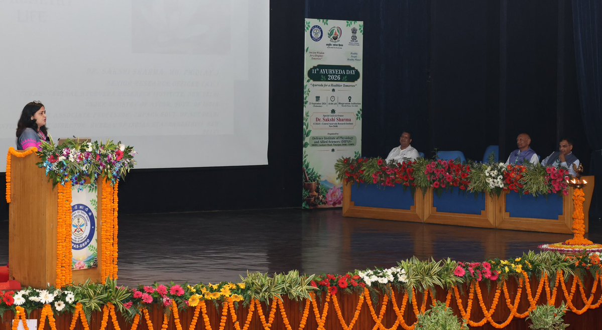 DRDO_India's tweet photo. Celebrating #AyurvedaDay a special program was organised by DIPAS, DRDO at Metcalfe House, New Delhi on the theme “Ayurveda for a Healthier Tomorrow”, highlighting the relevance of Ayurveda and traditional Indian knowledge systems in promoting holistic health, preventive healthcare and overall well-being.

The programme was graced by Dr. Upendra Singh, DS & DG (SSS) as the Chief Guest, while Dr. Ravindra Singh, OS & DG (R&M), DRDO attended as the Guest of Honour. During the event, Dr. Sakshi Sharma, Senior Research Officer, CCRAS – Central Ayurveda Research Institute, New Delhi, delivered a special talk on “Fundamentals of Ayurveda: Synonymous to Healthy Life”

The programme brought together the domains of modern defence science and Ayurveda, with discussions focusing on the potential of traditional knowledge and holistic approaches in promoting healthy lifestyles and enhancing well-being. The importance of preventive healthcare, balanced living and greater awareness of India's rich Ayurvedic heritage was also highlighted.