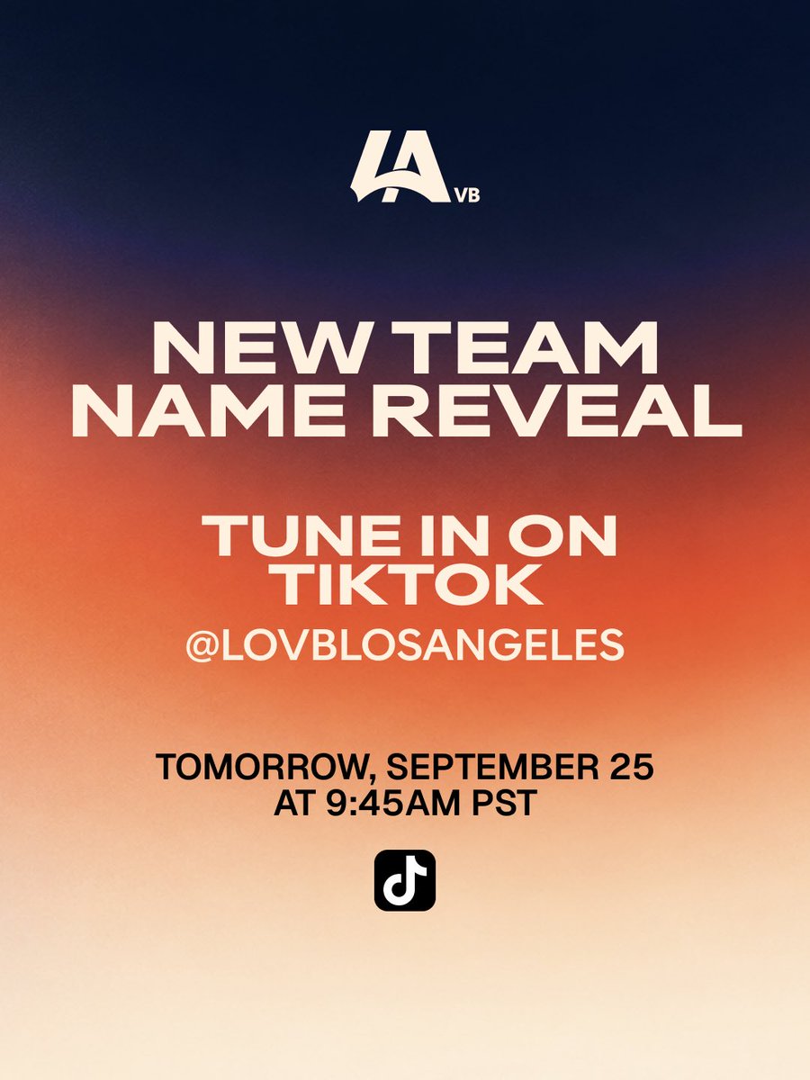 LAOrbitVB's tweet photo. LA, it’s almost time 👀

Tune in LIVE on TikTok tomorrow morning as we reveal our new team name 🧡

#LOVBLA #LOVBLosAngeles https://t.co/SFLV2xVqds