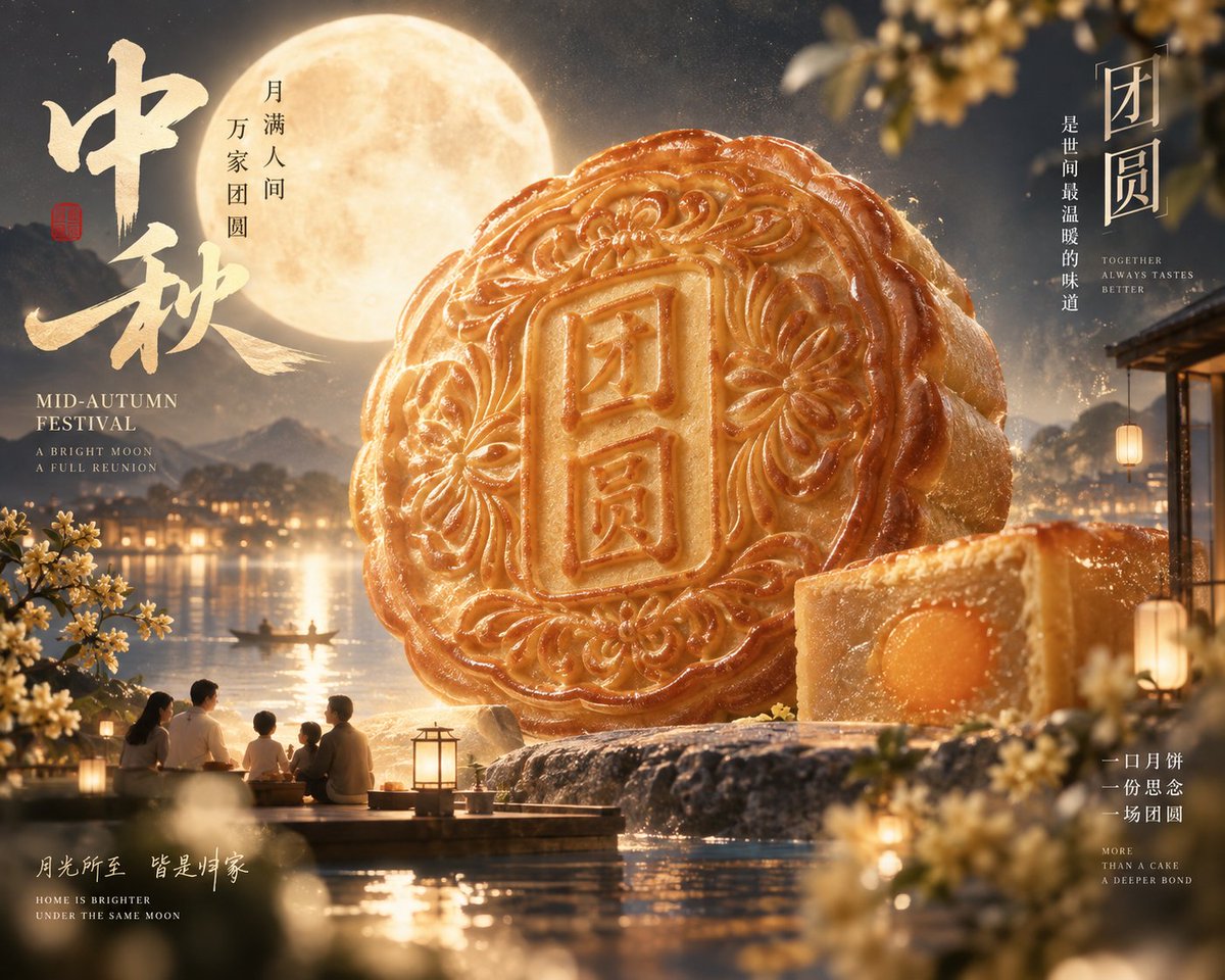 XinranA66097's tweet photo. 不知不觉又到一年的中秋了。感怀岁月流逝的速度。作者现在这里祝大家节日快乐。今天给大家带来一组以巨物月饼为主体的中秋图片。这次我没有用过多的词藻来堆砌，而是像测试模型自己的创造力。
主框架为：
主题：中秋【美好、团圆、重逢】
主体：以月饼为主体，巨物感。
剩下的就是质量提示词了。 https://t.co/aS0x4hjICO