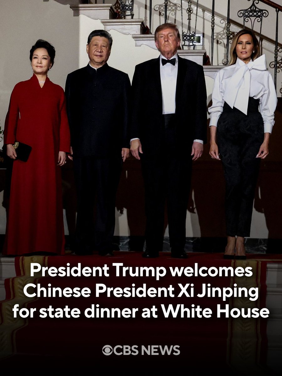 CBSNews's tweet photo. President Trump is hosting Chinese President Xi Jinping for a state dinner, marking Xi's first White House visit in over a decade.

During the dinner attended by scores of business and tech titans, Trump called Xi and his wife "truly outstanding, amazing people," and said the U.S. and China should "continue to build a relationship that promotes prosperity and security."
