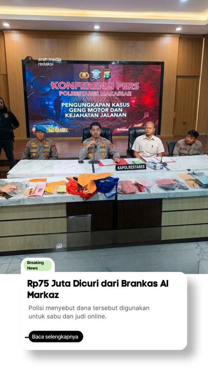 ArahMediaR3q's tweet photo. 🚨 Rp75 JUTA DICURI DARI BRANKAS MASJID AL MARKAZ.

Polisi mengungkap kasus pencurian di Masjid Al Markaz Al Islami, Makassar, yang kemudian dikaitkan dengan penggunaan uang untuk sabu dan judi online.

Berikut faktanya. 👇🧵
#jagaindonesia https://t.co/WNVqCiVD9f