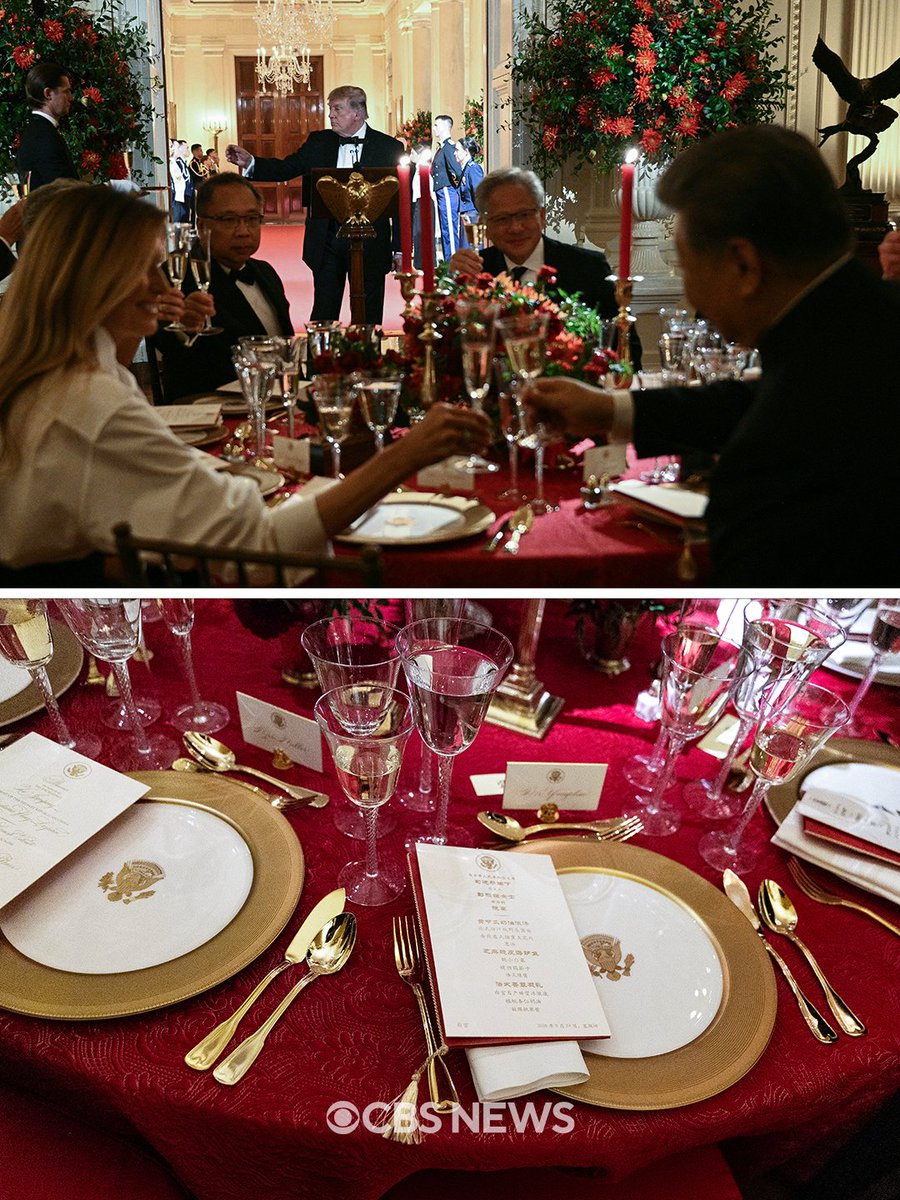 CBSNews's tweet photo. President Trump is hosting Chinese President Xi Jinping for a state dinner, marking Xi's first White House visit in over a decade.

During the dinner attended by scores of business and tech titans, Trump called Xi and his wife "truly outstanding, amazing people," and said the U.S. and China should "continue to build a relationship that promotes prosperity and security."