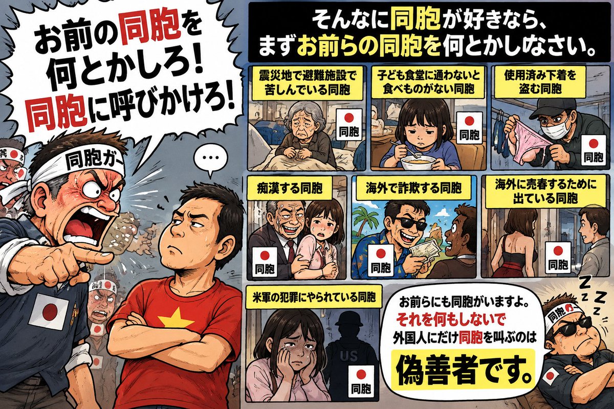 vplusasia's tweet photo. 外国人に向かって、

「お前の同胞を何とかしろ！」
「同胞に呼びかけろ！」

と叫ぶ日本人の「同胞ガー」の皆様へ。

そんなに「同胞」が大好きなら、
まず下記のお前らの同胞を何とかしなさい。

・震災の被災地で、避難生活に苦しんでいる同胞
・子ども食堂に通わなければ、十分に食べることもできない同胞
・使用済みの下着を盗む同胞
・痴漢をする同胞
・海外で詐欺をする同胞
・海外へ売春をしに行く同胞
・米軍関係者による犯罪の被害に遭っている同胞

お前らにも、
心配すべき「同胞」はたくさんいますよ。

そういう同胞には何もしない。

何も呼びかけない。

何の責任も取らない。

なのに外国人を見つけた瞬間だけ、

「お前の同胞を何とかしろ！」
🤣
自分の同胞には知らん顔をして、
外国人にだけ「同胞」を叫ぶ。

それを「同胞愛」とは言いません。
ただの偽善です。
