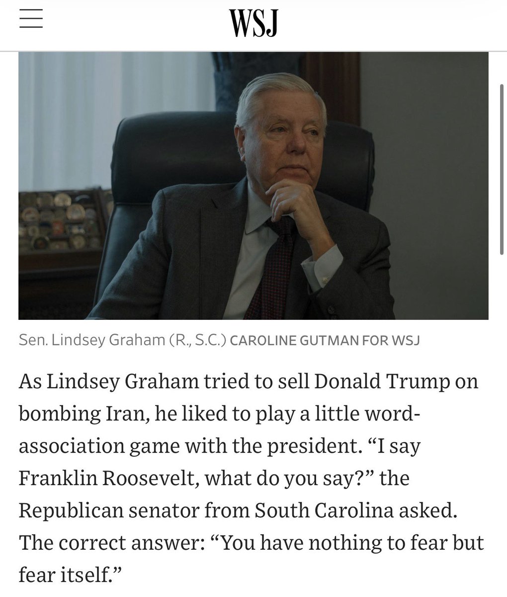 a_newsman's tweet photo. I still can’t get over Lindsey Graham bragging to the WSJ about how he sold a quick and easy middle east regime change war to the president by working with foreign intelligence and cable news pundits and talking to him as if he were a toddler https://t.co/ZGvykl63n1