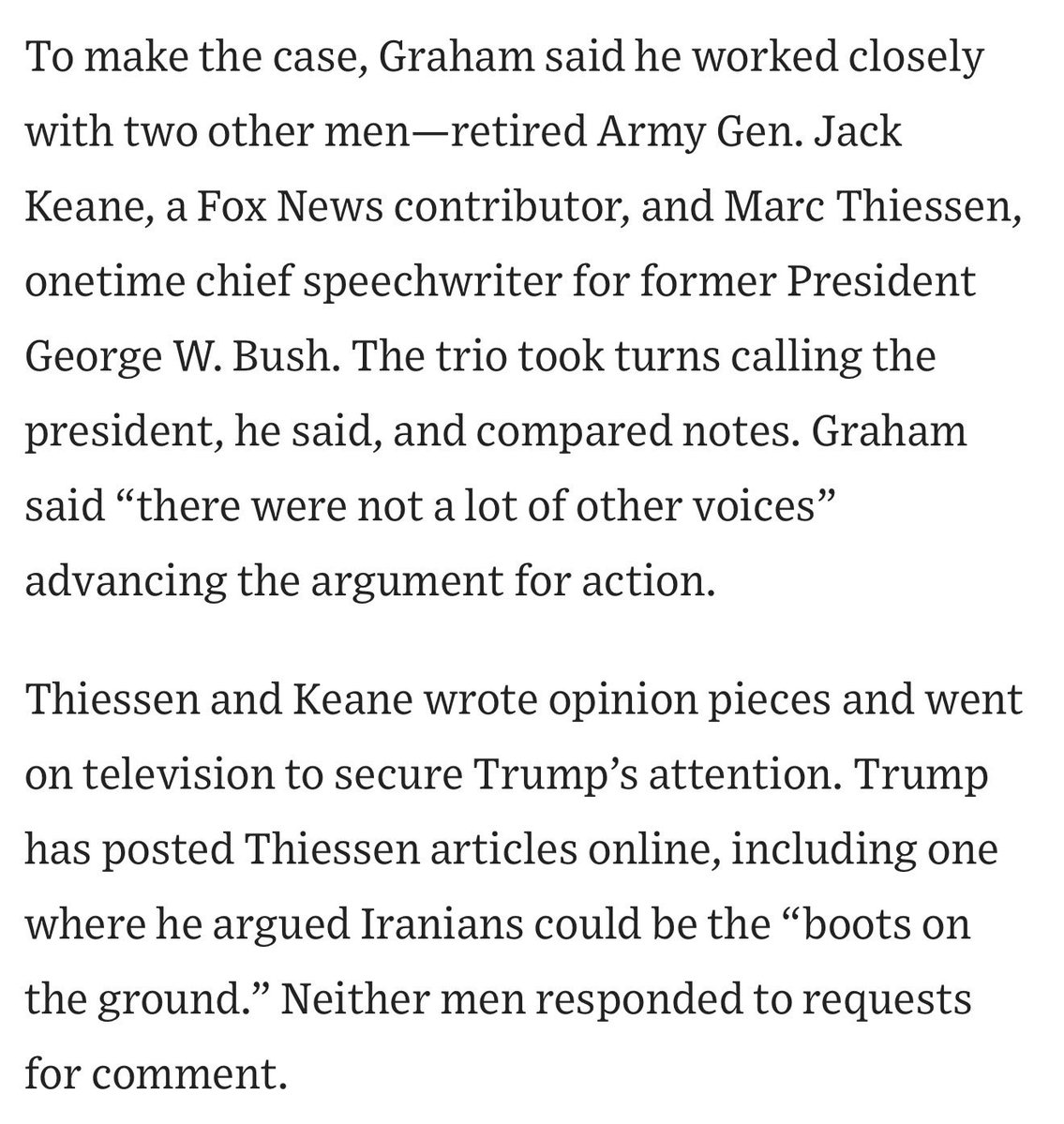 a_newsman's tweet photo. I still can’t get over Lindsey Graham bragging to the WSJ about how he sold a quick and easy middle east regime change war to the president by working with foreign intelligence and cable news pundits and talking to him as if he were a toddler https://t.co/ZGvykl63n1