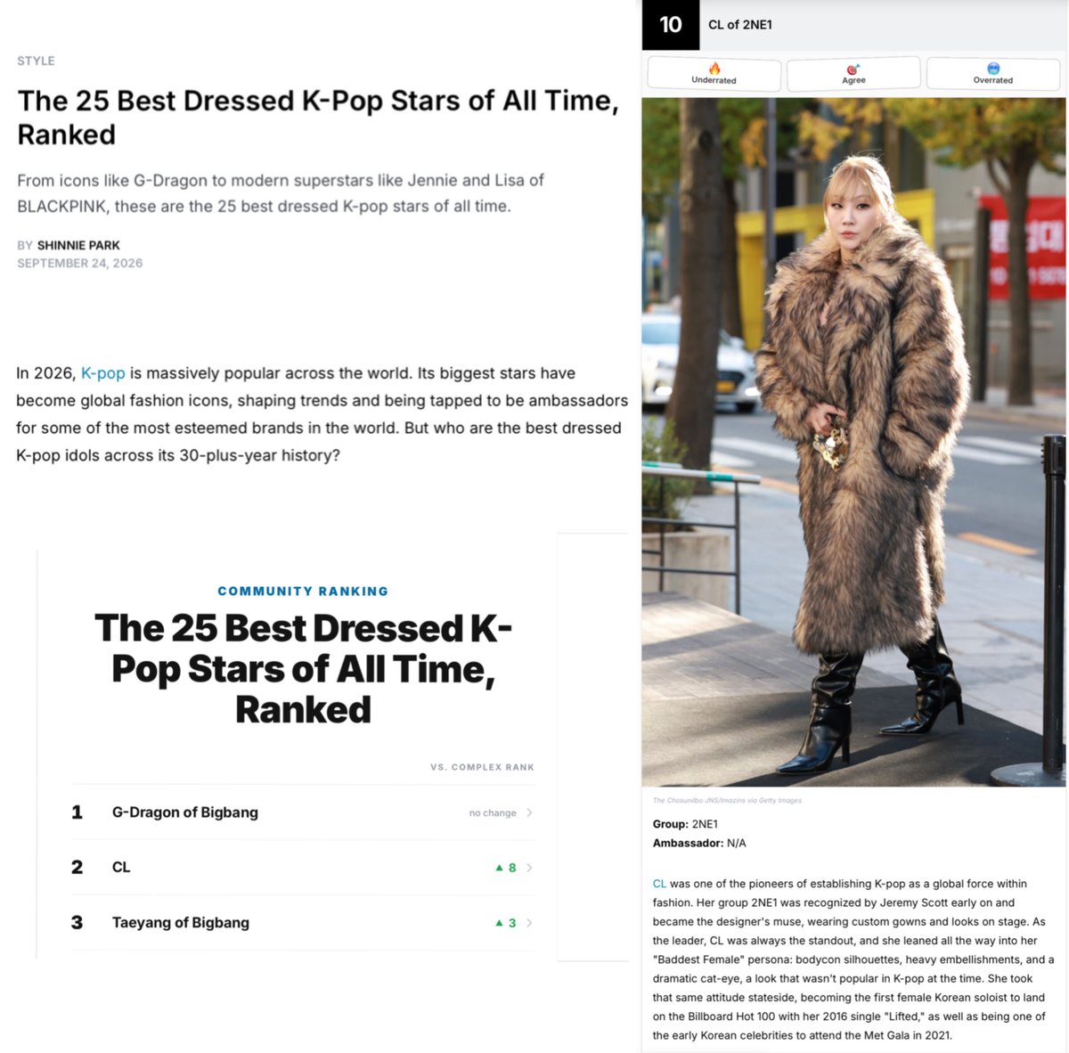 theclsource's tweet photo. The 25 Best Dressed K-Pop Stars of All Time, Ranked by COMPLEX

10 —— #CL 

There is also an ongoing community ranking where CL is placed 2nd!

#씨엘 @chaelinCL 

🔗https://t.co/6JQX8Oky1g https://t.co/6JQX8Oky1g https://t.co/l5MQynkze3