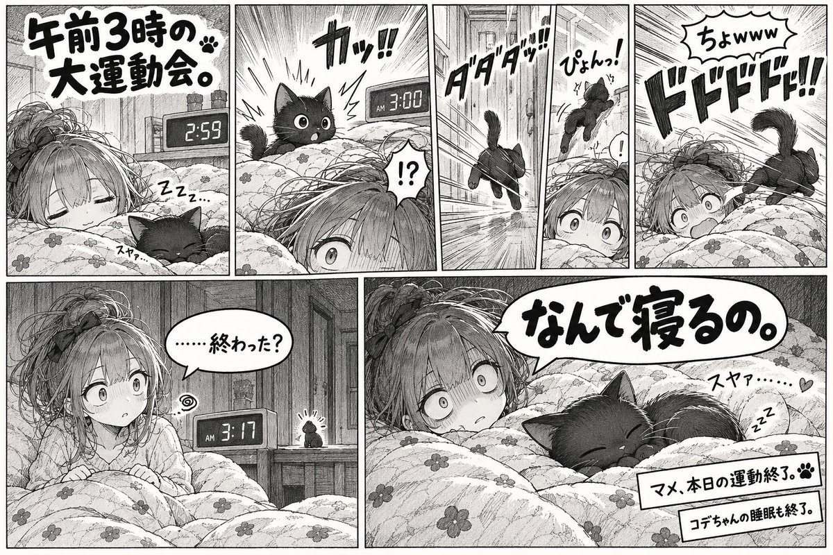 project_if_jp's tweet photo. 午前2:59
「今日もよく寝てるね☺️」

午前3:00
🐈‍⬛「起動。」

午前3:17
🐈‍⬛「では寝ます。」
私「なんで寝るの。」

猫と暮らすと、たまに深夜に運動会が開催されます。

#黒猫 #猫のいる暮らし #コデちゃん https://t.co/fUOfgkHteZ