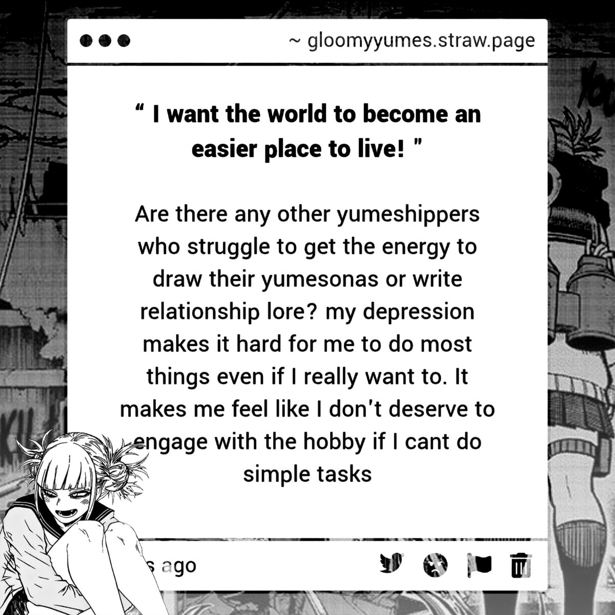 gloomyyumes's tweet photo. ⸺       𝜗💬            anon   asks          𖹭

any  yumes  who  struggle  to  get  energy  to  draw  their  yumesonas / write  their  lore ? https://t.co/ZrqkEjbYMb