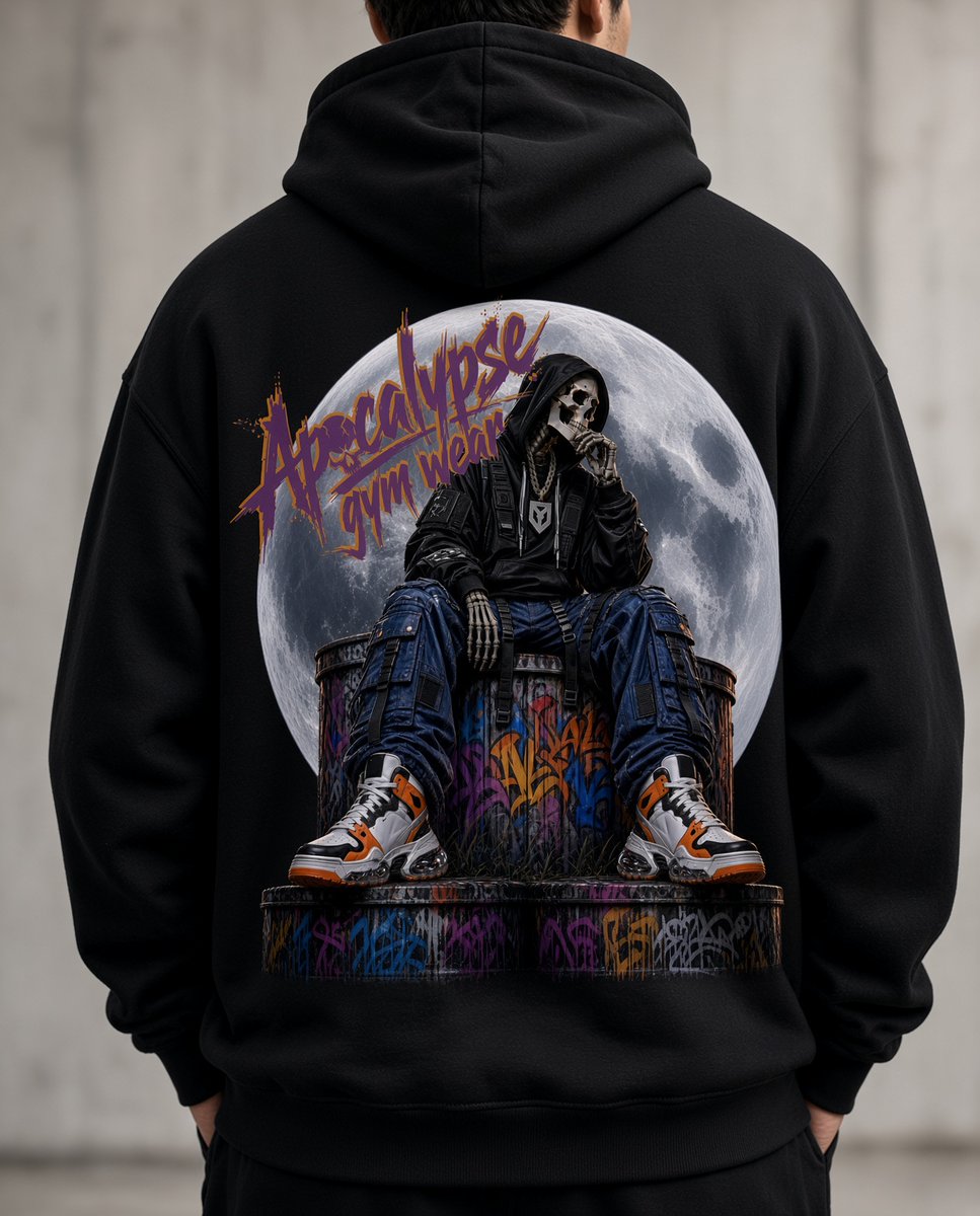 ApocalypseGW's tweet photo. New Drop Alert 🚨 The Lunar Reaper Heavyweight Hoodie is officially live. Oversized 8.25 oz fleece, high-density print, built for heavy lifts & street fits. Tap the link in bio to cop before it sells out 🩸🔥 #ApocalypseGymWear #Streetwear #PumpCover #GymWear #DarkFantasy #HeavyweightHoodie #FitCheck