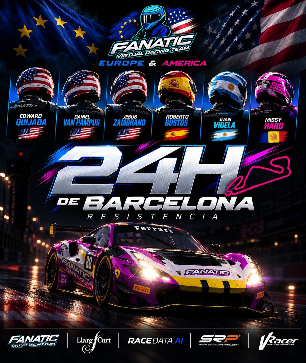 FanaticVirtual's tweet photo. 🏁24H DE BARCELONA 

🌎FANATIC EUROPE &amp; AMERICA afronta una nueva resistencia con el Ferrari.

🇺🇸 @edward_qui10626 
🇺🇸 Daniel Van Pampus
🇺🇸 Jesus Zambrano
🇪🇸 @Majestic204 
🇦🇷 Juan Videla
🇦🇩 @missyhard88 

24 horas. 6 pilotos. 1 equipo. 🔥🏎️ https://t.co/yb5pkazcu3