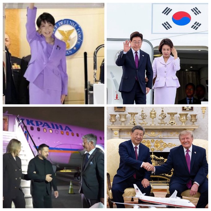 This collage features individuals in purple attire, including a woman at the US Defense Force emblem, a couple next to the South Korean flag, and world leaders Xi Jinping and Donald Trump shaking hands. The post's mention of a "purple dress code" and "manipulating the entire show" likely refers to the coordinated use of the color purple by the subjects in the images, suggesting a planned visual narrative.