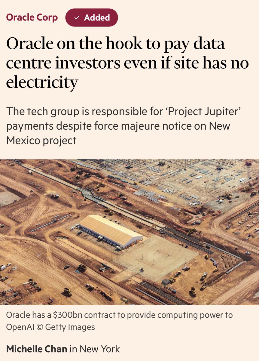 BurggrabenH's tweet photo. Oracle has guaranteed payouts to investors on a massive New Mexico data centre even if it fails to secure electrical power before the project is due to come online. https://t.co/711TgbZnt3