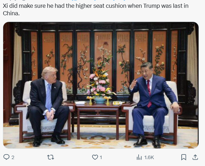 nd168's tweet photo. Debunked: Trump did make sure he had the lower seat cushion at the white house. 😂
#Trump #Xi #summit #MAGA https://t.co/pL5jPG80Cz