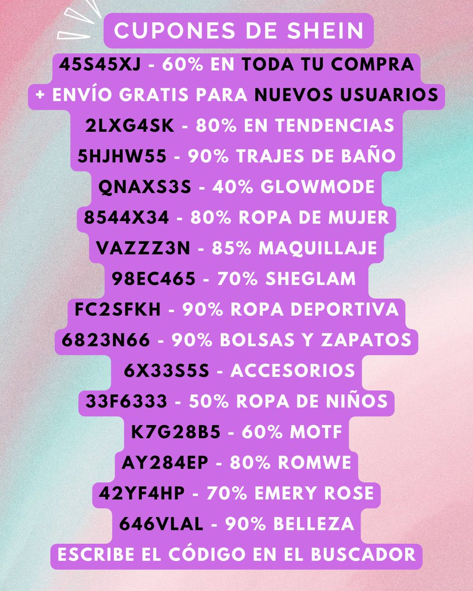 SHEINCUPONESS's tweet photo. Guarda este cupon para usarlo mas tarde en SHEIN 🫶🏻
45S45XJ - 60% en TODA tu compra + envío gratis para nuevos usuarios

5HJHW55 - 90% playa
8544X34 - 80% ropa de mujer
VAZZZ3N - 85% maquillaje
98EC465 - 70% SHEGLAM
FHMC3XP - 90% tecnología
Escribe el código en el buscador
Hot sale 🔥