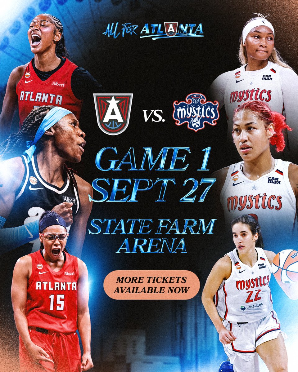 AtlantaDream's tweet photo. The stage is set for our First Round matchup at @StateFarmArena!  

Your Atlanta Dream will face the Washington Mystics this Sunday in Game 1 of the WNBA Playoffs 🅰️ 

Dreamers, don’t miss your chance to catch the action LIVE and bring that ATL energy. Get your tickets NOW: https://t.co/Jv2IWRNRp3