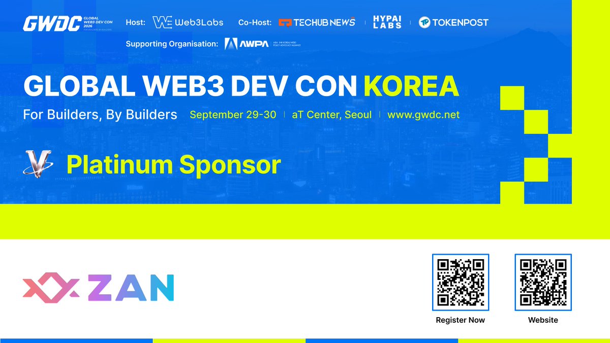 gwdc2026korea's tweet photo. 【#GWDC 2026 KOREA】SPONSOR ANNOUNCEMENT 🚀

We are thrilled to announce that ZAN joins "GWDC 2026 KOREA" as our official Platinum Sponsor.

ZAN (@zan_team) is dedicated to providing enterprise-grade Web3 technical infrastructure and services, designed to optimize cost, security, and performance across the entire lifecycle of decentralized applications. Driven by deep technical expertise and pioneer innovation, ZAN offers a full-stack product suite—including high-availability ZAN Node Service, hardware/algorithmic ZAN ZK Acceleration, and comprehensive Smart Contract Audits (AI Scan/Expert Audit)—empowering global developers, institutions, and enterprises to build, scale, and secure next-generation Web3 applications.

On September 29–30 at the aT Center, Seoul, ZAN will join government officials, business leaders, industry experts, and developers to share forward-looking insights and co-shape the future paradigm of Web3 and AI.

🎟 Registration: https://t.co/trfDtgQKVQ 
🌐 Official Website: https://t.co/I4qnT9jAUP 
📄 Event Sponsorship: https://t.co/slNgszKgYD