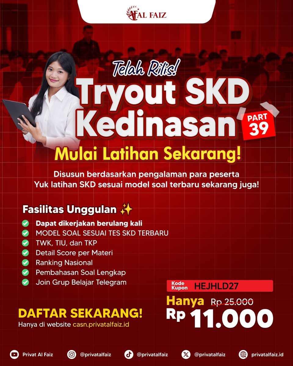 kodepromoalfaiz's tweet photo. π’ BARU RILIS TRYOUT SKD TERBARU ALFAIZ PART 39!
BERDASARKAN FR SOAL SKD KEDINASAN π±
Berlangganan sekarang dan cek di web ππ» https://t.co/T64tqZYzax
Harga spesial dengan KODE HEJHLD27ππ»
"HEJHLD27" (TO SKD Satuan & Bundling)
#frsoalskdkedinasan #skd #alfaiz #tryoutskd #cpns https://t.co/rLbRWLwgx6
