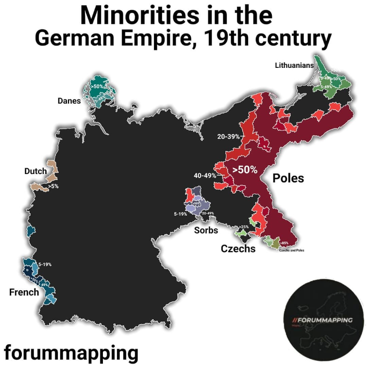forummapping's tweet photo. Bismarck's Germany wasn't as German as you'd think. Poles, Danes, Sorbs, and French speakers dotted the empire's edges. https://t.co/nOY9tXDsy6