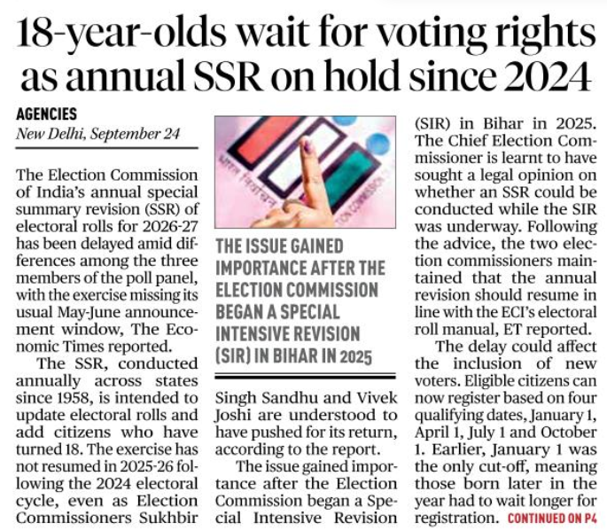 iyer_sk's tweet photo. 18-year-olds wait for voting rights as the annual SSR (Special Summary Revision of electoral rolls) has been on hold since 2024 https://t.co/4oEVKQlsr3