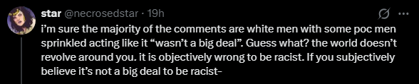Real_All_Seer's tweet photo. "It is objectively wrong to be racist"

*Only applies to certain races. Other races you can be racist against. https://t.co/oXh1WCmRQE
