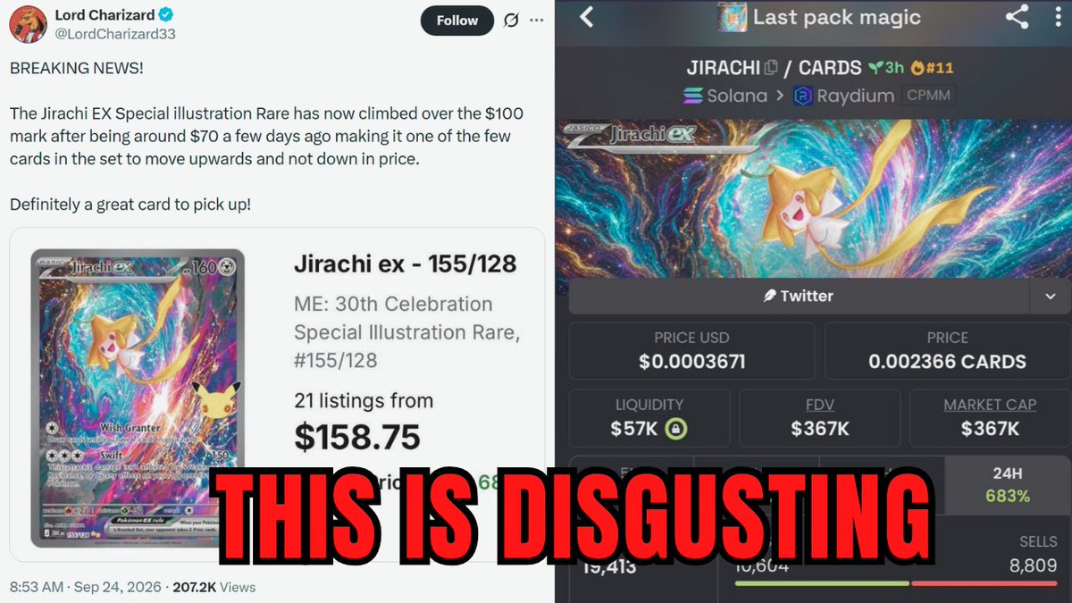 Kennyboulder's tweet photo. Meme Coins and Resellers are literally pumping the Jirachi Ex SIR and its disgusting. 

His name is Avery and he should be remembered with love. 

Video:
https://t.co/Kn3C58u3l9

Avery's GoFundMe
https://t.co/9UxPC9pfDE

@PokemonTCGIntel @ScalpersDaWild @pok_re92689 @POKESTREETZ https://t.co/tQjX8UY1Bt
