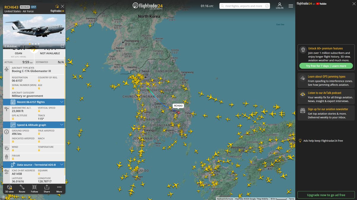 AIYeyENGDdJkjTr's tweet photo. Sept. 25, 2026
#Fairfield Travis Air Force Base #Joint Base Pearl Harbor-Hickam, Honolulu #Guam Andersen Air Force #Joint Base Pearl Harbor-Hickam, Honolulu #Osan Air Base, South Korea ==> #Tokyo Yokota Air Base
#RCH643 / #RCH159 #AE145B USAF C-17A Globemaster III https://t.co/Byxggc0lJp