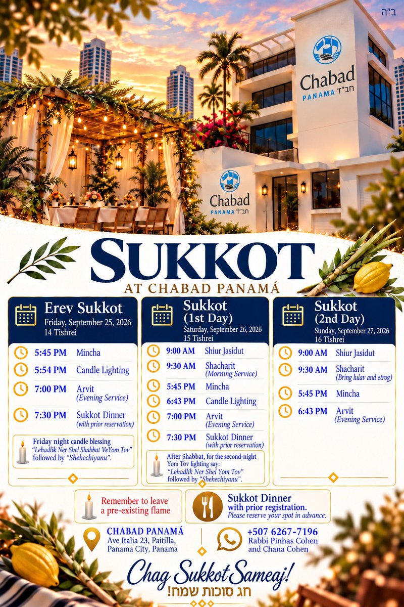ChabadPanama's tweet photo. Wishing the entire House of Israel a happy Sukkot from Chabad of Panama ❣️ You are welcome to come and shake the *Lulav* at any time during the day. Please register for the holiday and Shabbat meals via WhatsApp at +50762677196.

לכל בית ישראל חג סוכות שמח מבית חב״ד פנמה ❣️ https://t.co/cHUpy9IDl3