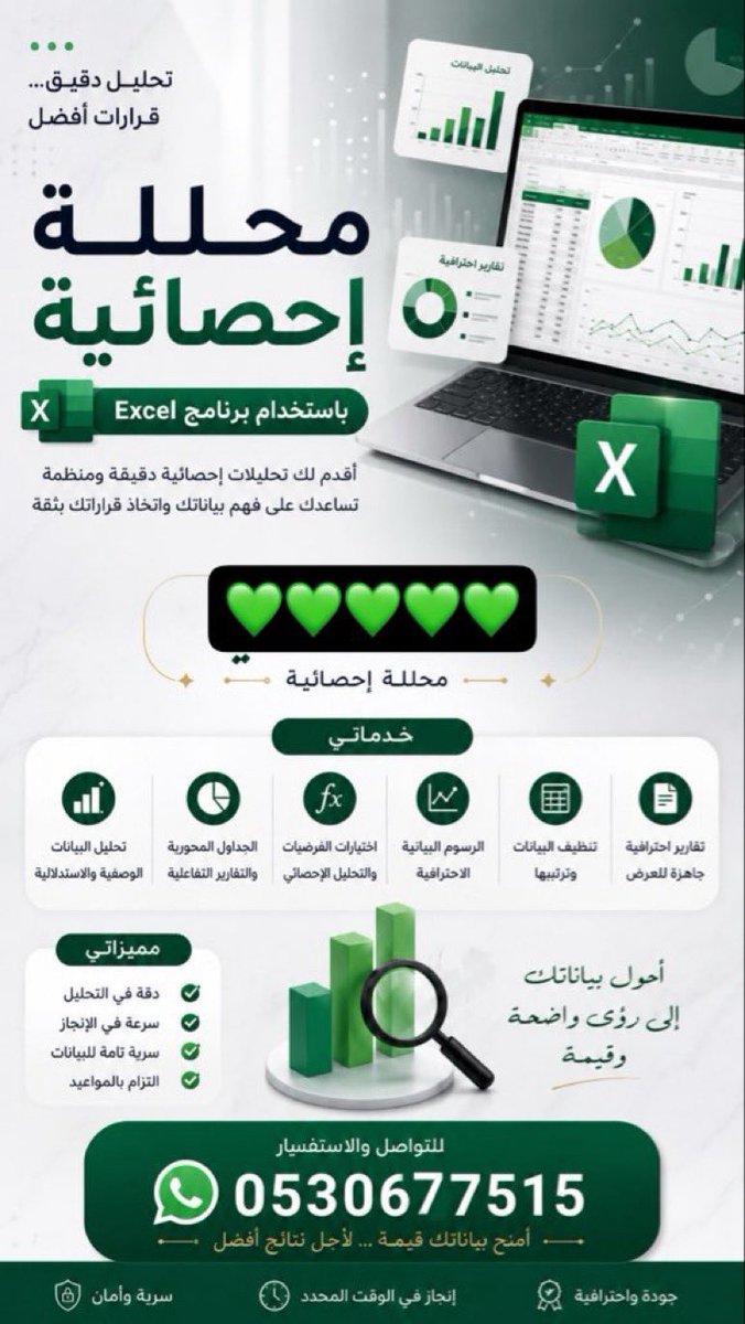 exl1993's tweet photo. @JMTHVJM السلام عليكم
محلله احصائية للمشاريع باستخدام الاكسل لمساعدة الطالبات و الطلاب باسعار جدا رمزية https://t.co/bp59NdQxrv