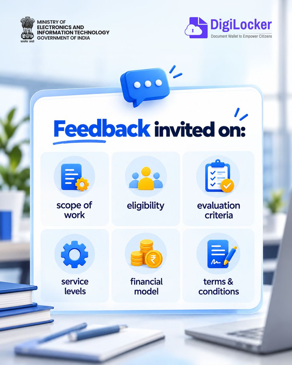 GoI_MeitY's tweet photo. 📢 Calling Ecosystem Partners!

DigiLocker invites suggestions &amp; feedback on the Draft RFE for empaneling Specialized Ecosystem Enablement Partners to onboard Requesters &amp; drive digital adoption.

Meity: https://t.co/xpETeClCCn

#DigiLocker https://t.co/jhDlp876XP