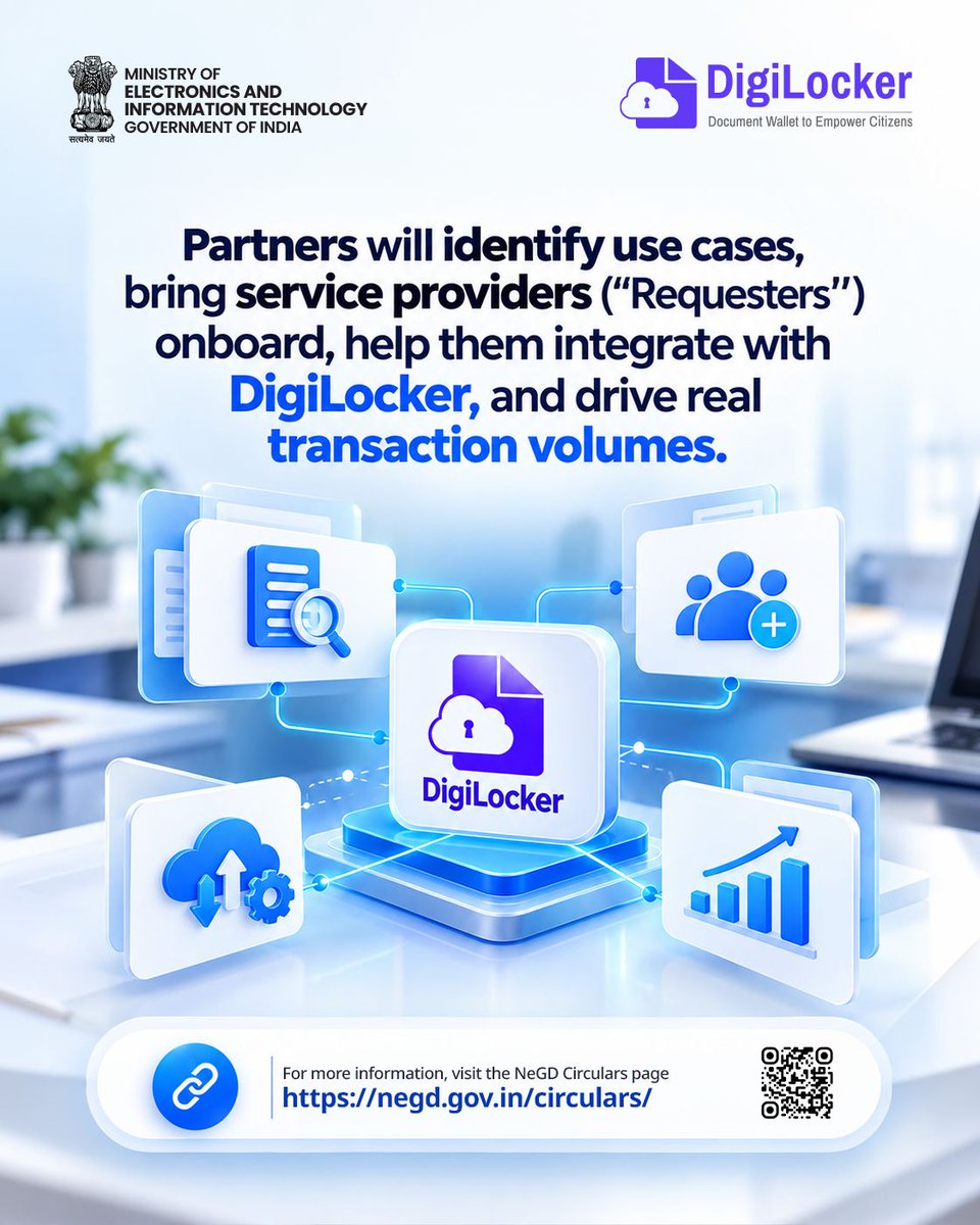 GoI_MeitY's tweet photo. 📢 Calling Ecosystem Partners!

DigiLocker invites suggestions &amp; feedback on the Draft RFE for empaneling Specialized Ecosystem Enablement Partners to onboard Requesters &amp; drive digital adoption.

Meity: https://t.co/xpETeClCCn

#DigiLocker https://t.co/jhDlp876XP