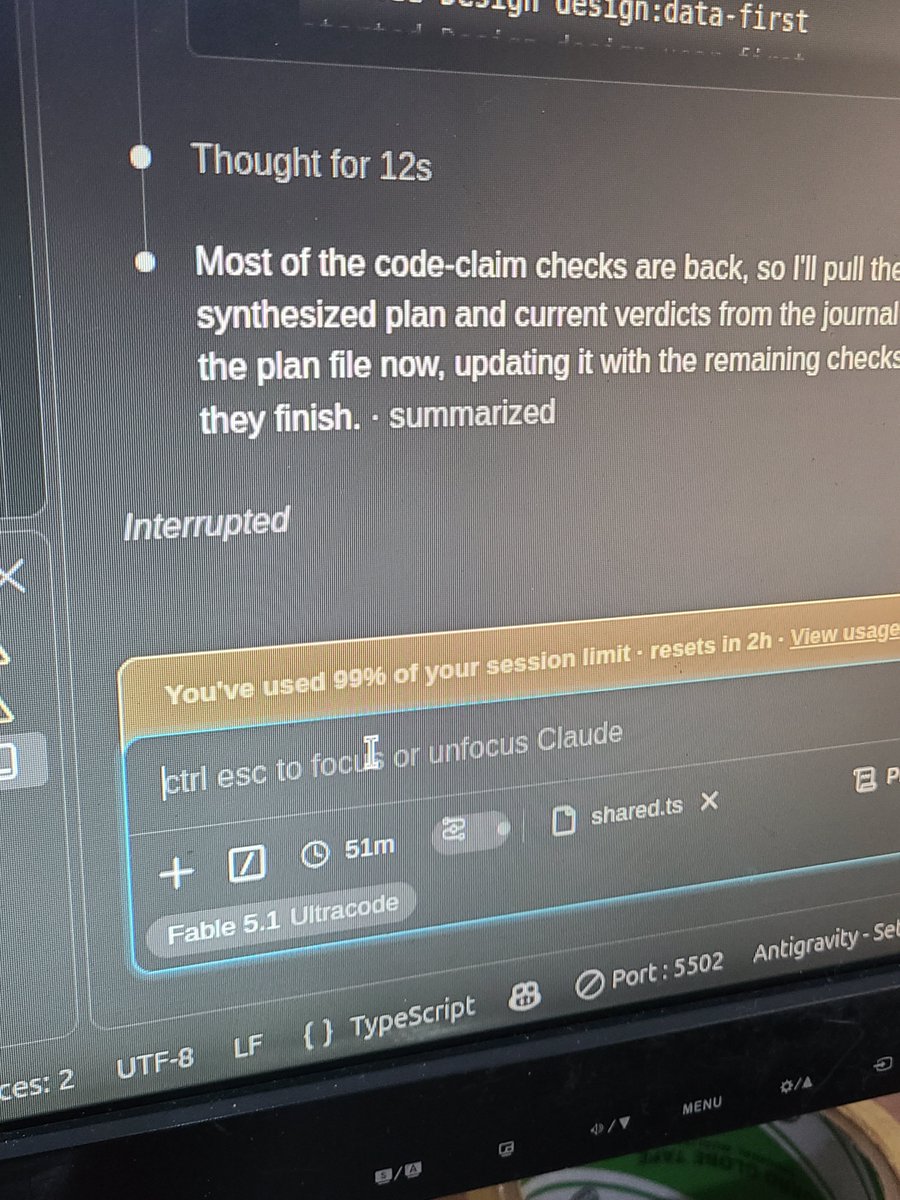 dexcripter's tweet photo. Asked fable to plan a single page on entity relationships with Ultracode effort, and left to make breakfast. 

Came back 20 mins later with nothing done and my 5-hour session almost completed. 

It's a 5x max plan btw https://t.co/n9xuM8GixY