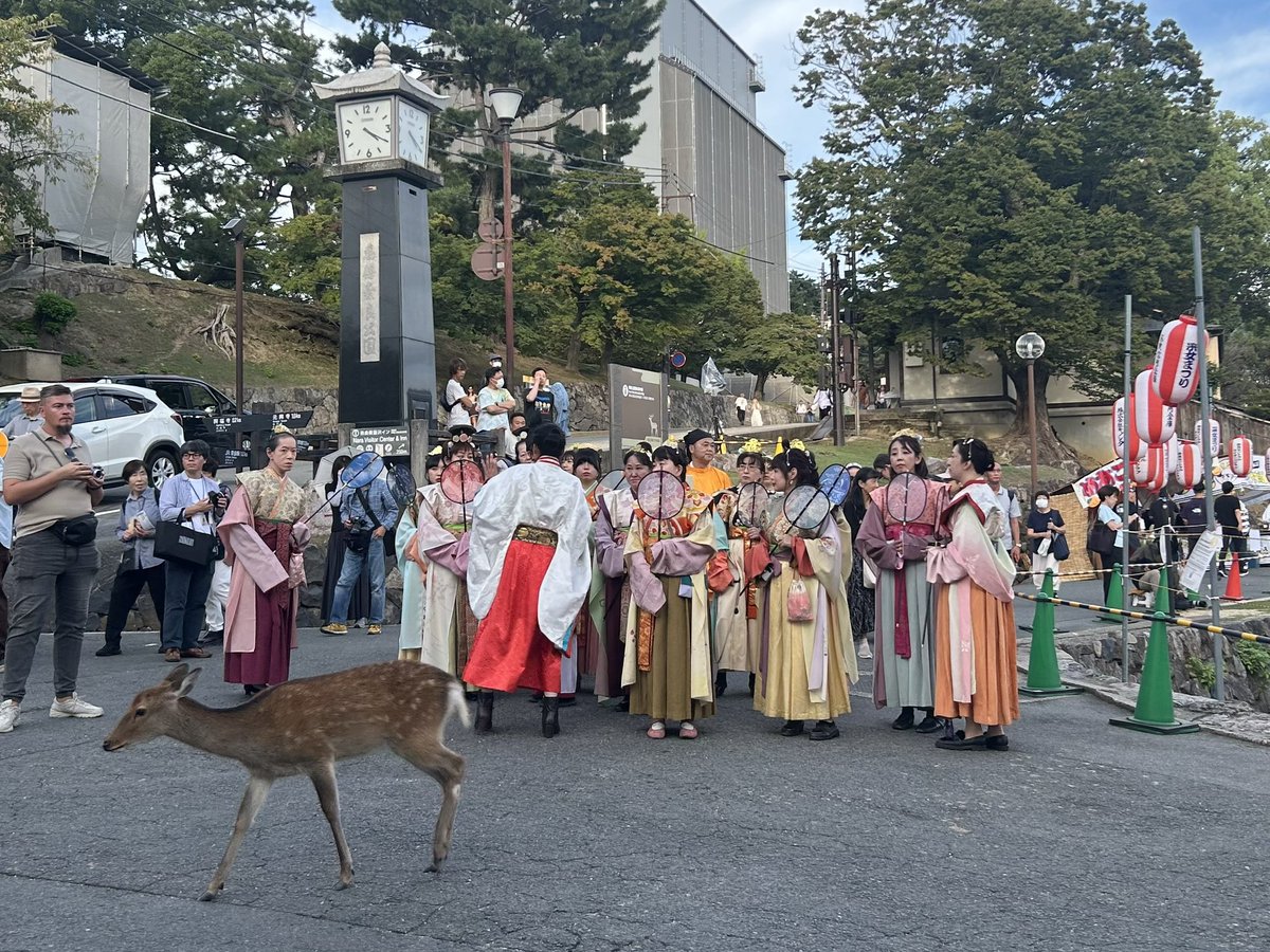 ykmeiling8811's tweet photo. 実は…昨日からまた奈良🦌
今日！夜から奈良公園側の猿沢池で「采女祭」⛩️
毎年旧暦8/15 「中秋の名月」に催される🌕
既に龍頭・鷁首の「管弦船」2隻が迂回👍
先程、奈良飛鳥時代の様相「花扇奉納行列」も来た❗️
雅楽も演奏中🎵
夜18時から、春日大社神職による例祭が行われる⛩️
風流この上ない幽玄🌺 https://t.co/tPdjNNEJyB