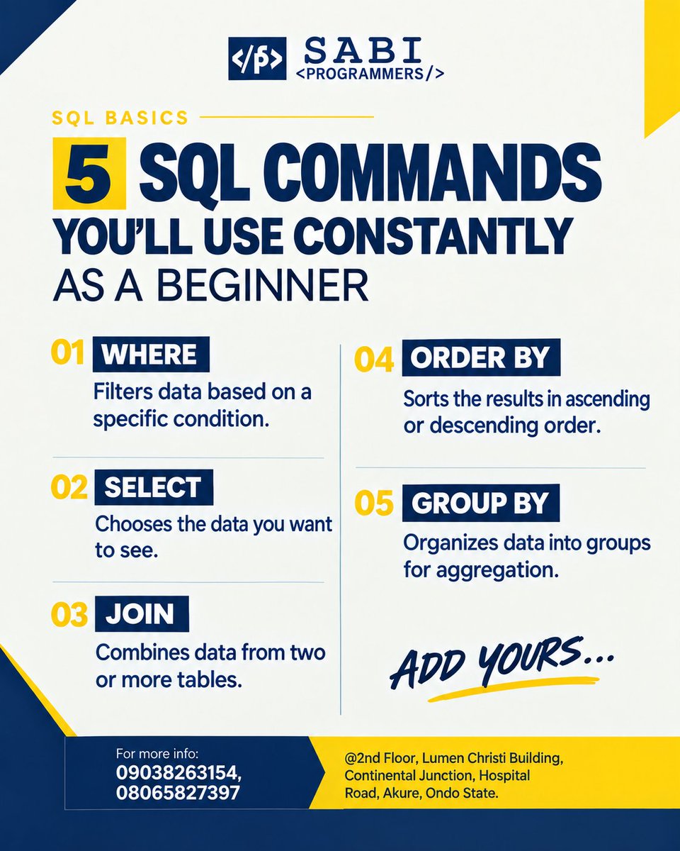 SabiProgrammers's tweet photo. If you're learning data analytics, here are 5 SQL commands you'll use constantly 

If you're a beginner, mastering these commands will give you a strong foundation for working with databases.

Which SQL command are you currently using constantly?

#SQLBeginner #LearnSQL https://t.co/nNlJyqZSJq