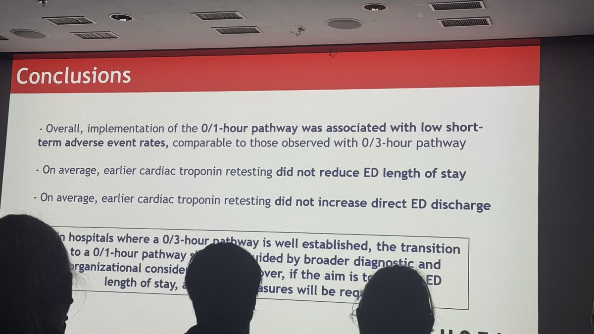 TJCoats's tweet photo. EuSEM 2026. Comparison of 1hr and 3 hr troponin testing in ?cardiac chest pain. Little difference in outcomes or ED stay.
Conclusion: Whatever your current practice probably little reason to change.
(Lancet meta-analysis in publication). https://t.co/xwLEc7Z0YQ