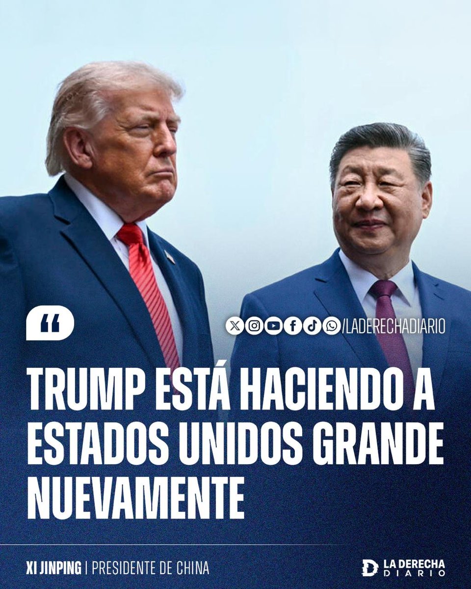 laderechadiario's tweet photo. 🚨🇺🇸🇨🇳 | HISTÓRICO: En una declaración sin precedentes, el líder del régimen comunista chino, Xi Jinping, reconoció la grandeza de Donald Trump y citó el propio eslogan MAGA del presidente estadounidense.

"Trump está haciendo a Estados Unidos grande nuevamente", afirmó el dictador chino.