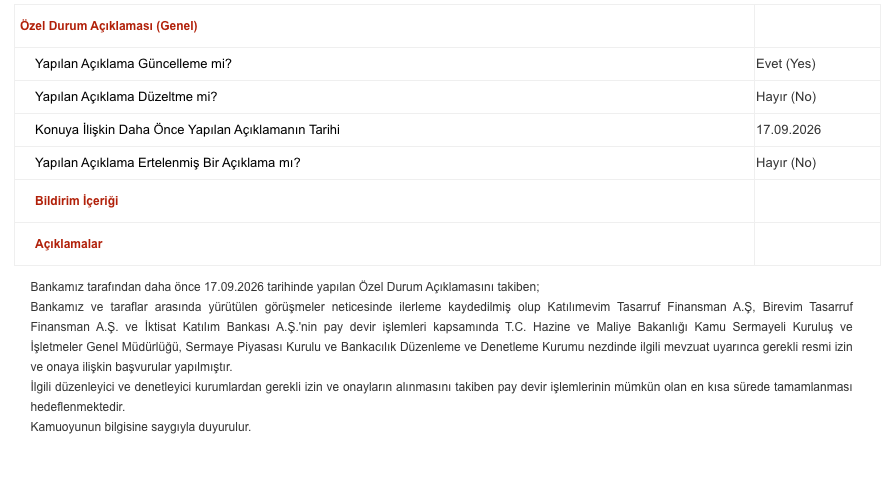 BorsaMiray's tweet photo. Türkiye Emlak Katılım Bankası A.Ş.'den, KAP bildirimi geldi. 

"Katılımevim Tasarruf Finansman A.Ş, Birevim Tasarruf Finansman A.Ş. ve İktisat Katılım Bankası A.Ş.'nin pay devir işlemleri kapsamında..."

https://t.co/4OmU5i4Ywz

#KTLEV #Borsa https://t.co/tZcK7V6eSX