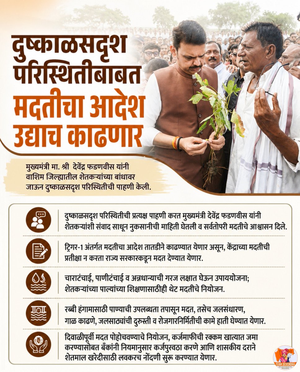 ajaramar21's tweet photo. वाशिम जिल्ह्यातील दुष्काळसदृश परिस्थितीची मुख्यमंत्री @Dev_Fadnavis यांनी शेतकऱ्यांच्या बांधावर जाऊन पाहणी केली.
शेतकऱ्यांच्या नुकसानीची माहिती घेत मदत, रब्बी हंगाम आणि जलसंधारण उपाययोजनांबाबत माहिती देण्यात आली.

#DevendraFadnavis #Teamdevendra  #FarmerSupport #DroughtRelief https://t.co/9gugeV5K85