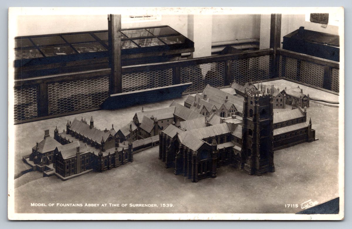 postcardattic_'s tweet photo. This vintage RPPC shows a model of the abbey reconstructed as it appeared at its dissolution in 1539. Photographed by Walter Scott in 1954. https://t.co/f6UJ7nOfUo