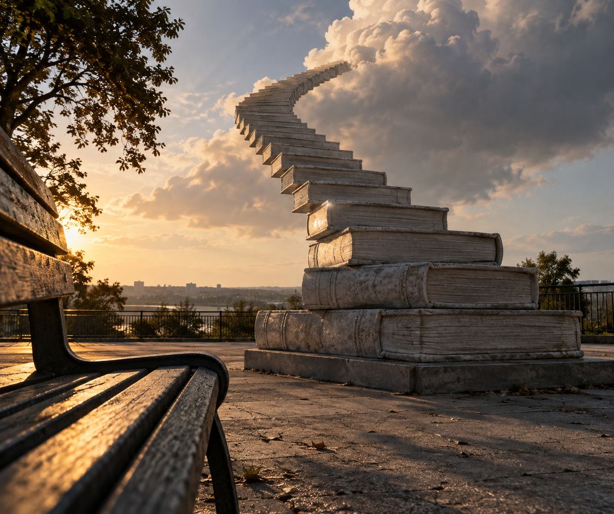 CliffWade's tweet photo. #PromptShare - Give it a try and either QT or share your results in the comments below.

Create a distinct Book Sculpture study of Floating staircase into clouds. Use Baroque as the visual language. Use public park bench-level view; the framing must be materially different from a centered hero tableau. Illuminate it with Single-Key Lighting and keep the tone Emotionally Raw. Make the process physically legible through mass, tool marks, joins, cast shadows, surface irregularity, and material weight. Make the subject and its real or plausible setting specific and observable. Prefer an ordinary, documentary, technical, minimalist, or process-focused visual event when the subject allows it. Do not add mythical staging, portals, ruins, glowing particles, decorative slogans, plaques, logos, or cinematic haze unless the selected source entries genuinely require them. Do not add readable text. Keep one primary subject, one clear visual event, coherent scale, physically consistent lighting, and a composition that does not resemble the surrounding prompts.