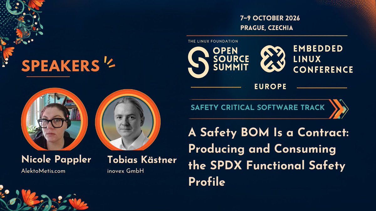 ProjectElisa's tweet photo. How can a Safety BOM be produced, maintained, and consumed?
At #OSSummit Europe, learn how SEGkit recomputes safety verdicts, detects outdated evidence, and could automate safety evidence creation within Zephyr. https://t.co/5x2ajF1RBt https://t.co/k2ThlFaC0M