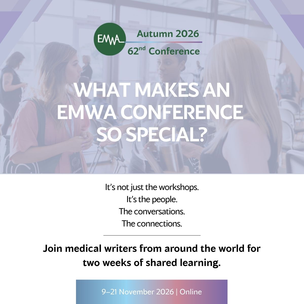 EMWA1989_'s tweet photo. The best part of an EMWA conference isn’t always a workshop. It’s the people.

Connect with medical writers worldwide, exchange ideas and build relationships that continue beyond the sessions.

Join EMWA online from 9–21 November.

Book: https://t.co/f74QUvdh48 https://t.co/OV6BRPocuW