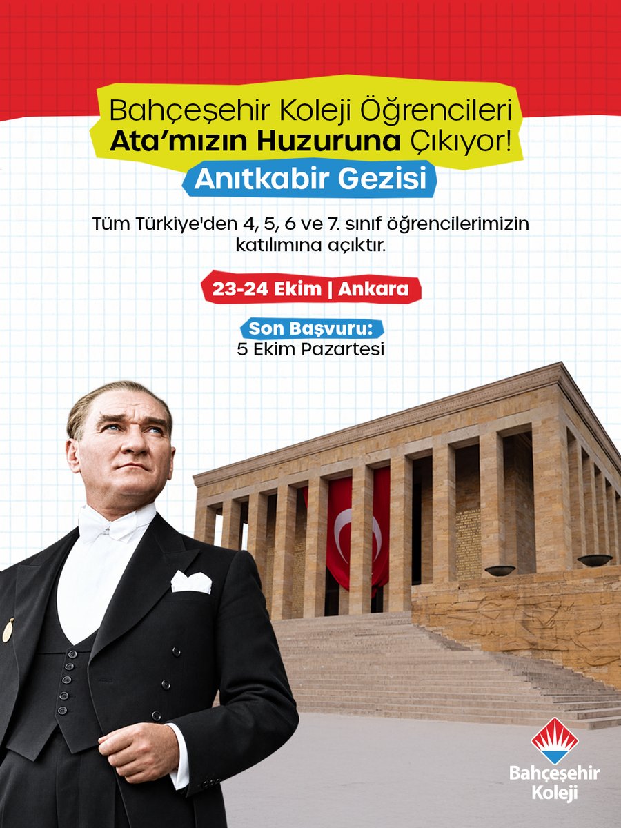 bahcesehir_k12's tweet photo. Bahçeşehir Koleji öğrencileri, Cumhuriyetimizin kurucusu Gazi Mustafa Kemal Atatürk’ün huzuruna çıkmak için Anıtkabir’de buluşuyor. 🇹🇷

📌 Son Başvuru: 5 Ekim Pazartesi

#BahçeşehirKoleji https://t.co/PAOmx0UiAC
