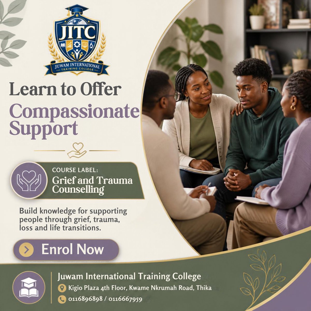juwamcollege's tweet photo. Learn practical approaches for supporting people through grief, trauma, loss and life transitions. Enrol in Grief and Trauma Counselling at JITC.

📍 Thika | 📞 0116896898 / 0116667959
✉️ info@juwamcollege.com | 🌐 https://t.co/J5wsSf2BSb
#JITC #CounsellingTraining https://t.co/mNNfWhhK3k