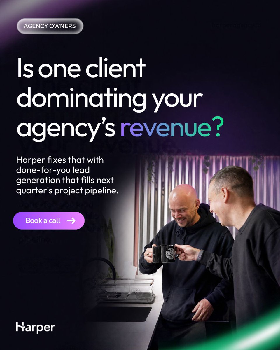 Harperagencyio's tweet photo. If one client leaving would hurt your agency, that's not stability, that's risk.

Harper's done for you lead gen keeps new business flowing in every month 🤝

Book a no obligation call with our team and we'll walk you through exactly how it all works. 

🔗 https://t.co/NlcyTflVdt https://t.co/EMZu38Sds3