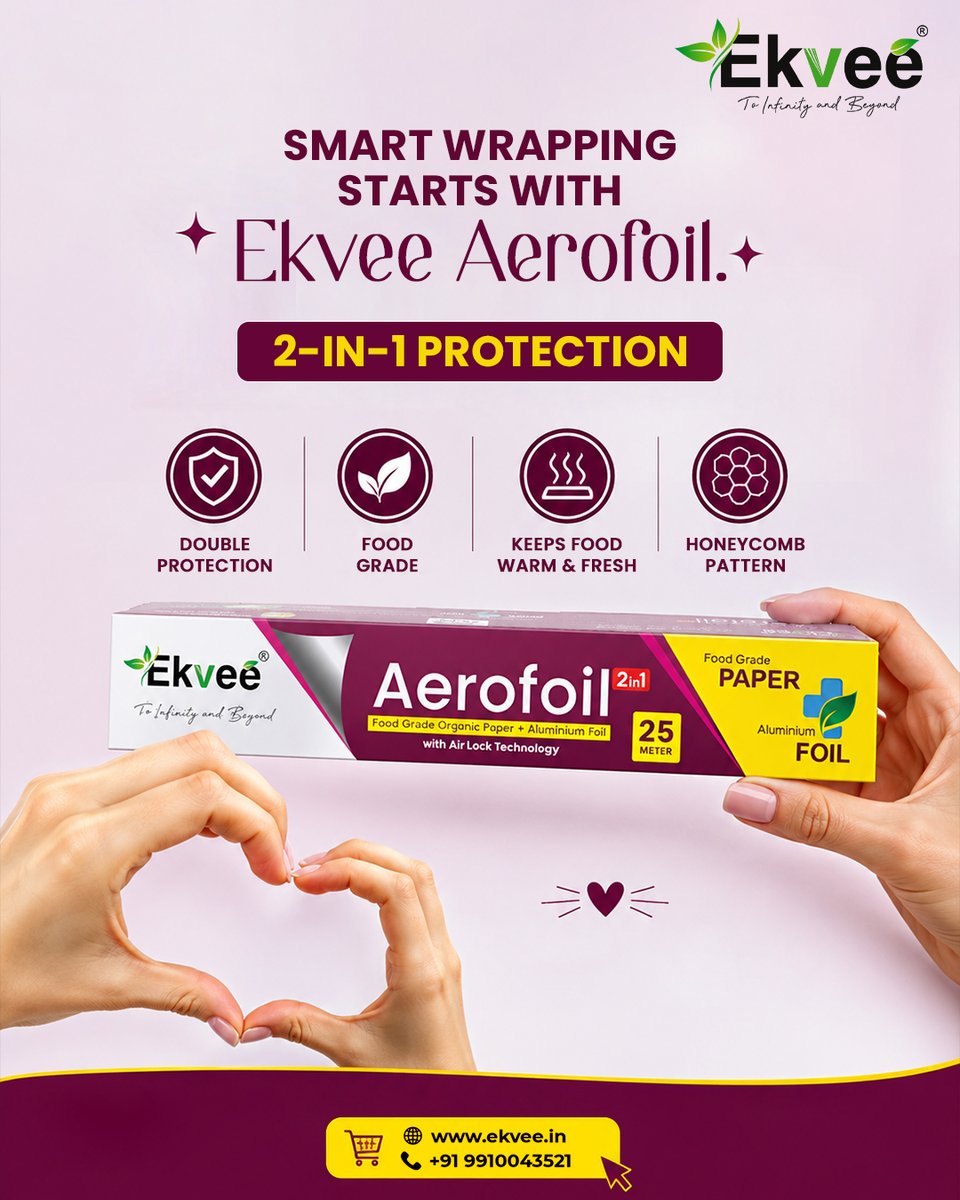 EkveeFoodwrap's tweet photo. Smart wrapping, double protection! 💛✨
Meet Ekvee Aerofoil — food-grade paper + aluminium foil in one, designed to keep your food warm, fresh &amp; protected. 🍱🔥

Wrap smarter. Protect better. Choose Ekvee Aerofoil! 💫
.
.
.
.
#ekvee #instagood #trending #fyp #explorepage https://t.co/mSTT4Q9eX1