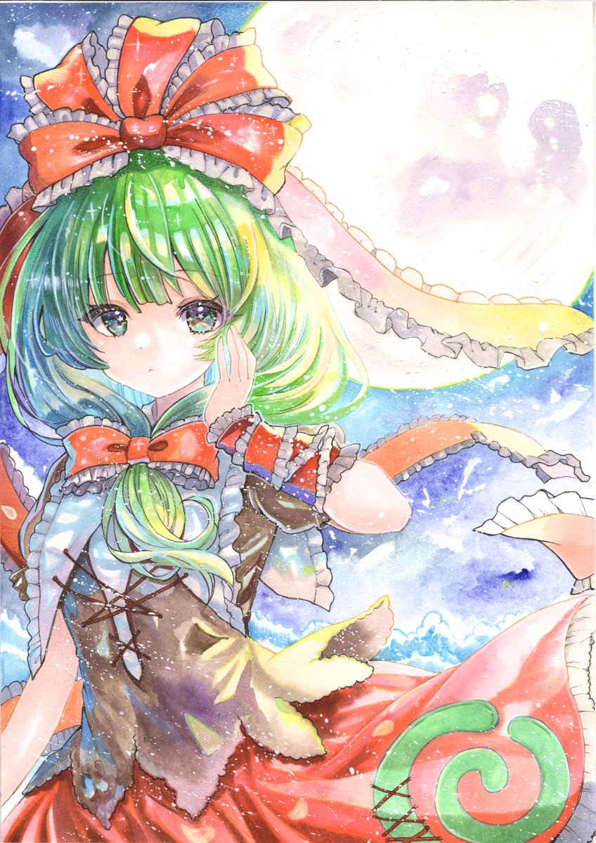 pomyu_macaron's tweet photo. 厄神様と、十五夜の月。 https://t.co/9ks5GMPg89