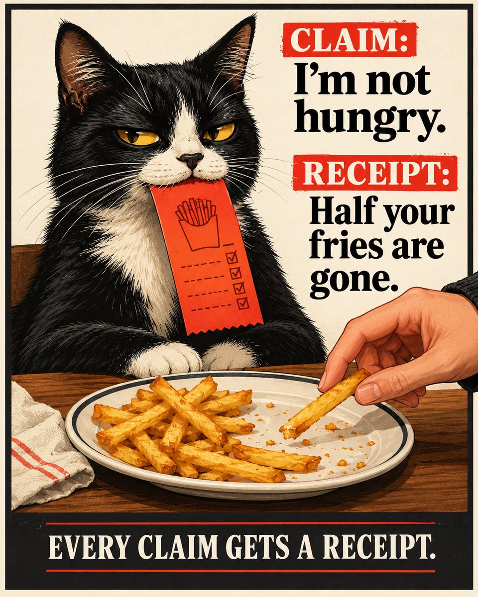 CatHasReceipts's tweet photo. CLAIM: “I’m not hungry.”

RECEIPT: Half your fries are gone.

The cat counted. Twice. 🐈‍⬛🧾 https://t.co/KDOGOnba24