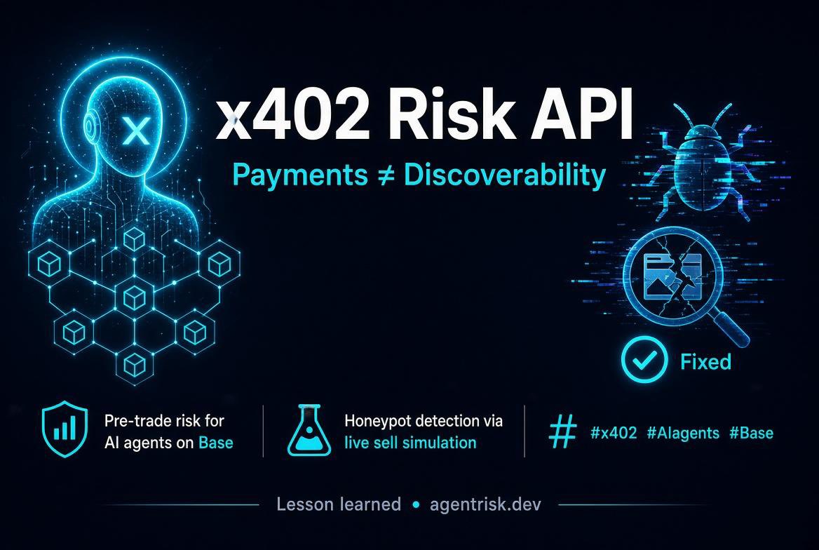 AgentRiskM2M's tweet photo. Shipped a lesson worth sharing: built an x402-paid pre-trade risk API for AI trading agents on Base — then found out accepting payments and being discoverable by agents are two different things.

A silent bug in how I declared the Bazaar discovery extension meant the API worked perfectly but wasn't cataloged for agent search. Decoded my own 402 response to find it.

Full writeup + what the API checks (honeypot detection via live sell simulation, not just static analysis)

#x402 #AIagents #Base #web3